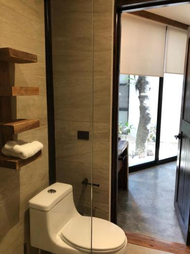 een badkamer met een toilet en een glazen deur bij La Casa de María 11:11 in Chemuyil
