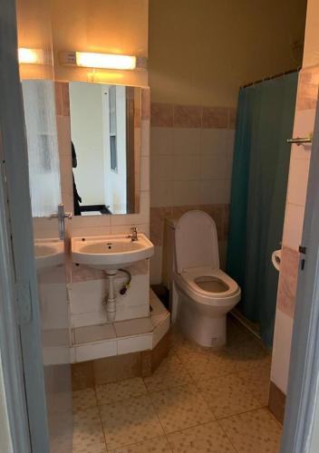 a bathroom with a sink and a toilet and a mirror at Casa Luna in Nairobi