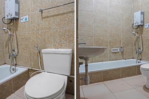 Duas fotografias de uma casa de banho com WC e lavatório. em SUPER OYO 92134 Bogor Guest House Syariah em Bogor