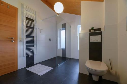 uma casa de banho com um WC e uma cabina de duche em vidro. em Ferienlodge MariAndl em Bad Goisern