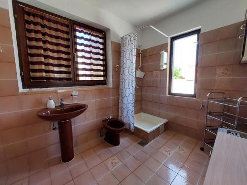 een badkamer met een wastafel, een toilet en een douche bij Apartment Martina in Malinska