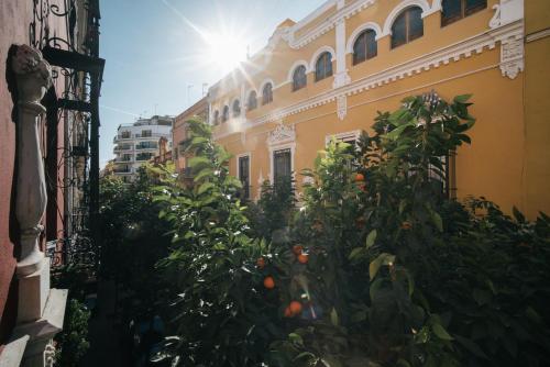 einem Orangenbaum vor einem Gebäude in der Unterkunft Apartamentos Abreu Suites in Sevilla
