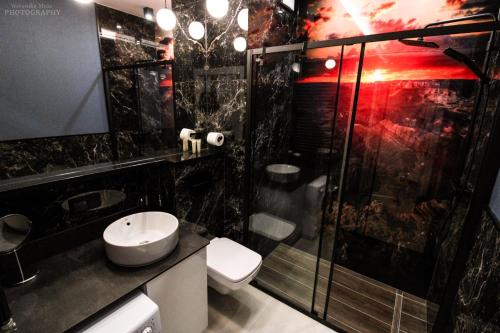 La salle de bains est pourvue d'un lavabo et d'une douche. dans l'établissement D Apartments Centrum Ziemia, à Białystok