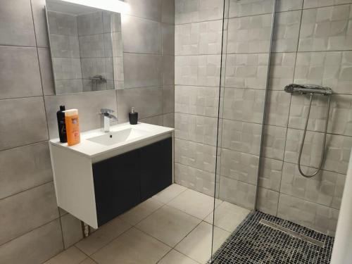 uma casa de banho com um lavatório e um chuveiro em ZIN AND GREEN JACUZZI SuperbeT2 spacieux idéalement situé em Vitrolles