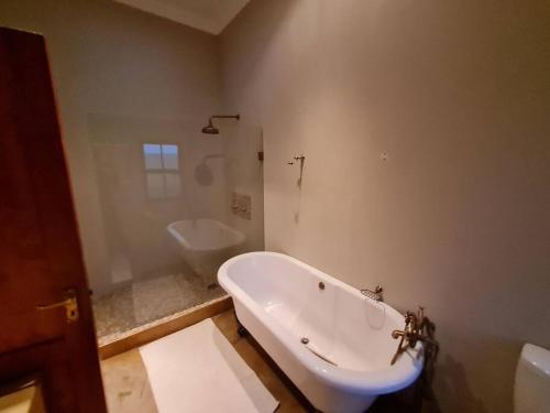 a bathroom with a tub and a toilet and a sink at Stone Castle, Dullstroom Country Estate in Dullstroom