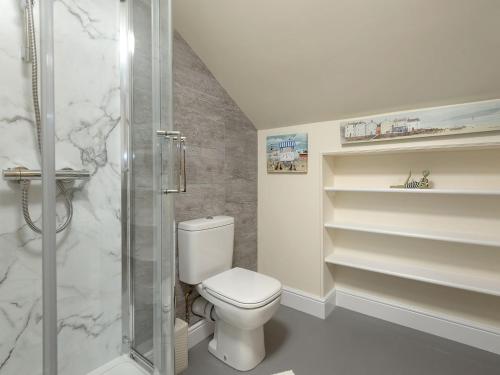 a white bathroom with a toilet and a shower at Harbour View - Ukc2303 in Wainfleet All Saints