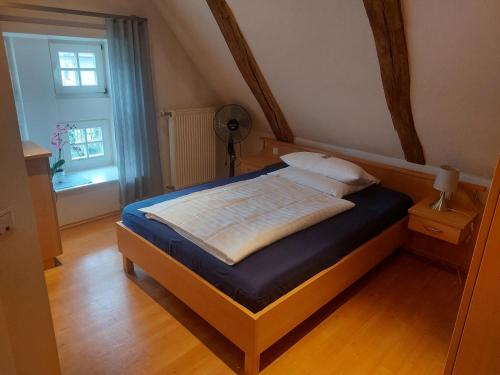 um quarto com uma cama num quarto com uma janela em Landhaus Lastrup em Lastrup