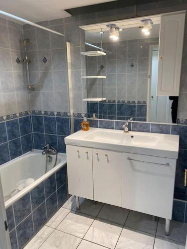 La salle de bains est pourvue d'un lavabo blanc, d'une baignoire et d'un miroir. dans l'établissement Tour Défense 2000 Magnifique Appartement, à Puteaux