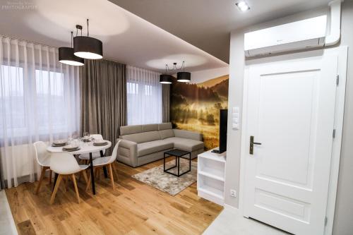 salon z kanapą i stołem w obiekcie D Apartments Centrum Powietrze w mieście Białystok