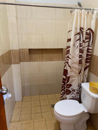 a bathroom with a toilet and a shower curtain at Palanca Lodging Home in Candelaria