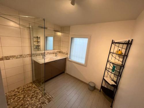 une salle de bain avec un lavabo et une douche en verre dans l'établissement Country house with swimming pool Le Moulinas, à Saint-Salvadou