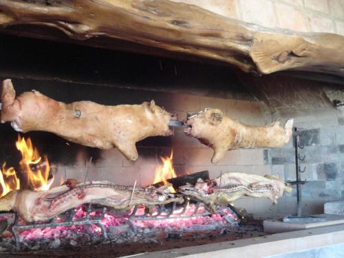 two pieces of meat cooking over a fireplace at Hotel Villaggio Ristorante Pizzeria Museo TANIT in Carbonia