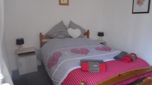 a bedroom with a bed with hearts on it at Mouhet Appartement Sortie 21 A20 in Mouhet