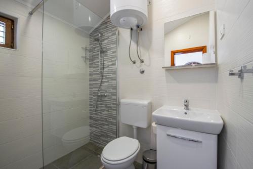 a bathroom with a toilet and a sink and a shower at Apartment Barica in Trsteno