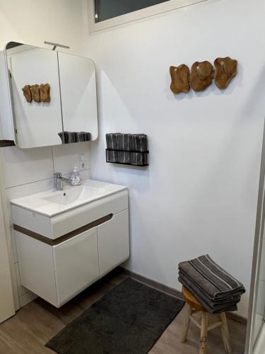 een badkamer met een wastafel, een spiegel en een kruk bij Ferienwohnung Naturpark Schwarzwald in Löffingen