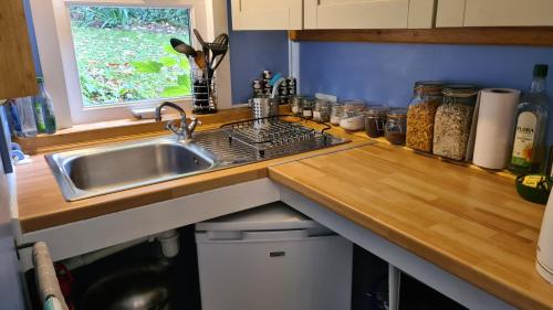 cocina con fregadero y encimera en The Cabin, Litlington - Dogs Welcome! en Litlington