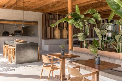 a kitchen with wooden tables and chairs and plants at Lindos Aqua Terra in Líndos