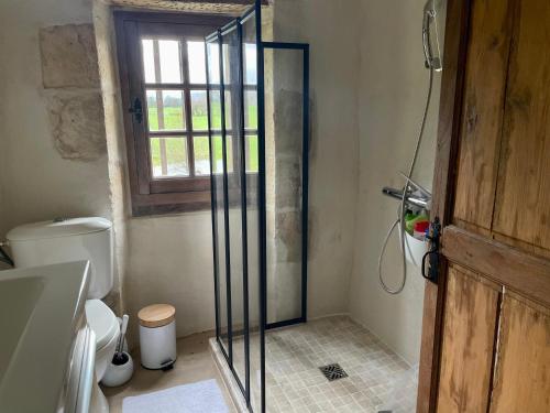 uma casa de banho com um chuveiro e uma porta de vidro em Un château en Bourgogne em Saincaize-Meauce