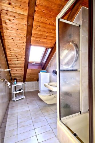 a bathroom with two toilets and a glass shower at Ferienwohnungen Talblick 3 in Fladungen
