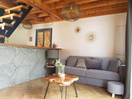 ein Wohnzimmer mit einem Sofa und einem Tisch in der Unterkunft Téréva Lodge - la cabane atypique in Cilaos