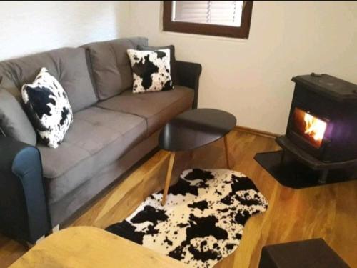 a living room with a couch and a wood stove at Planinska idila - uz stazu in Jahorina