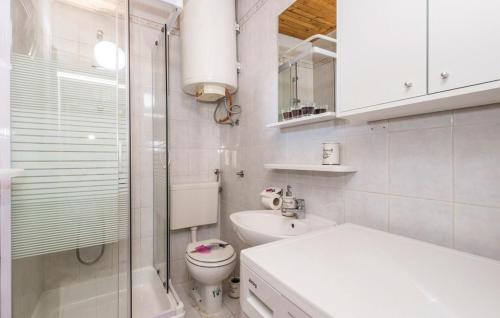 Baño blanco con aseo y lavamanos en House Antoine en Kras