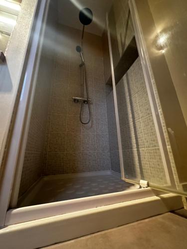 um chuveiro numa casa de banho com uma porta de vidro em Coeur de Sologne, la Loire et les châteaux. em Dhuizon