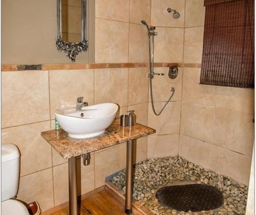 a bathroom with a sink and a shower at Sevens Guesthouse in Kroonstad