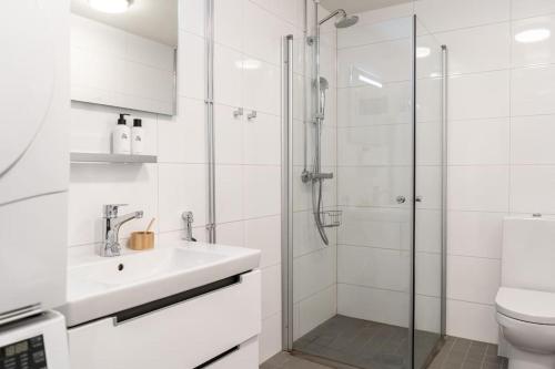 W łazience znajduje się prysznic, umywalka i toaleta. w obiekcie Spacious 1 BR with a central location w Helsinkach