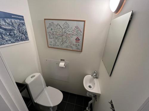 a bathroom with a white toilet and a picture on the wall at Funäs Fjällby Funäsdalen in Funäsdalen