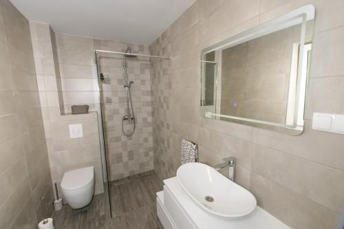 a bathroom with a toilet and a sink and a shower at Holiday home Ambi for 6, heated pool near Trogir in Trogir