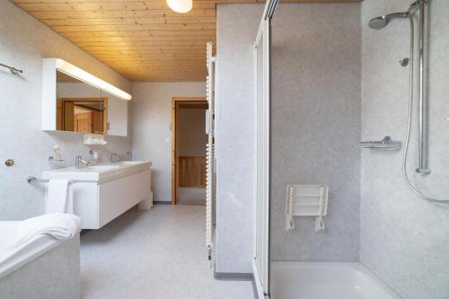 a bathroom with a shower and a sink and a toilet at Carpe Diem in Wildhaus