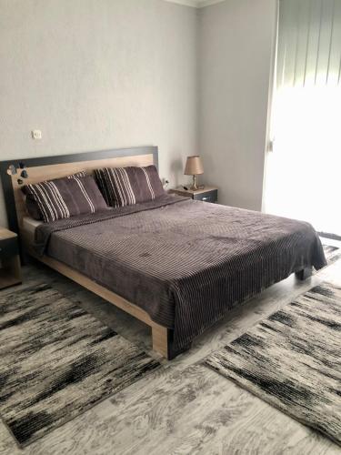 a bedroom with a large bed and a large window at Centre apartment in Prilep