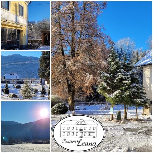 a collage of photos with a tree and a building at Pension Leano in Nötsch
