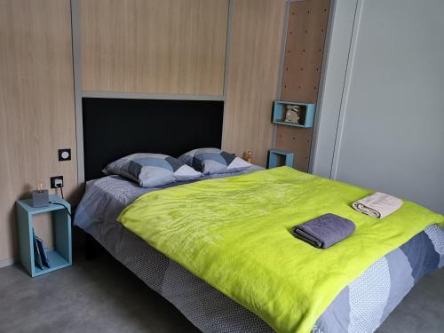 - une chambre avec un grand lit et une couverture verte dans l'établissement ACS, à Bagnols