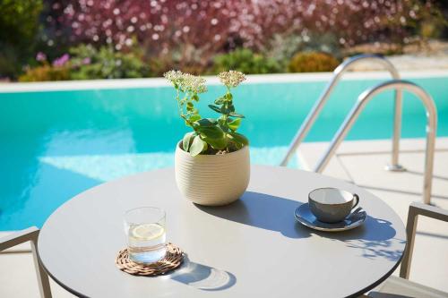 a white table with a plant and a cup of coffee at Cavo Delea Villas & Suites in Possidi