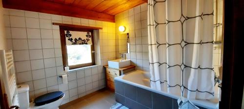 La salle de bains est pourvue d'une baignoire, de toilettes et d'un lavabo. dans l'établissement Maison familiale chaleureuse idéalement située, à Silhac