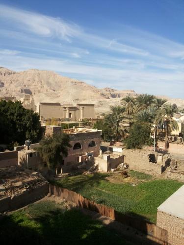 a village in the middle of a desert with palm trees at Amenophis Hotel in Luxor