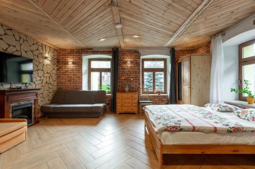 カルパチにあるApartamenty SZUMiWODAのベッドルーム(ベッド1台、ソファ、暖炉付)