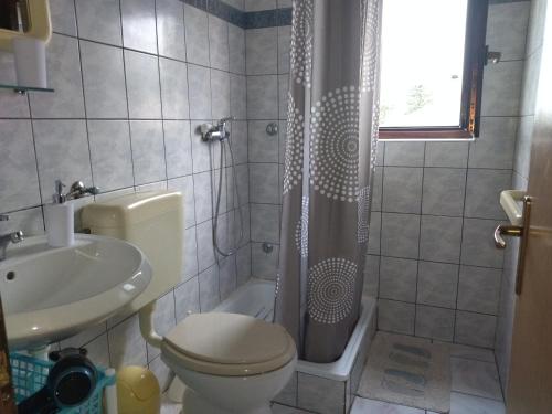 e bagno con servizi igienici, doccia e lavandino. di Apartments Kesic a Barbat na Rabu