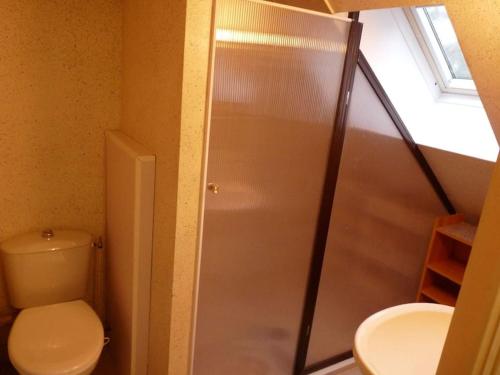 y baño con ducha, aseo y lavamanos. en Charmante maison en campagne, en Grand-Fougeray