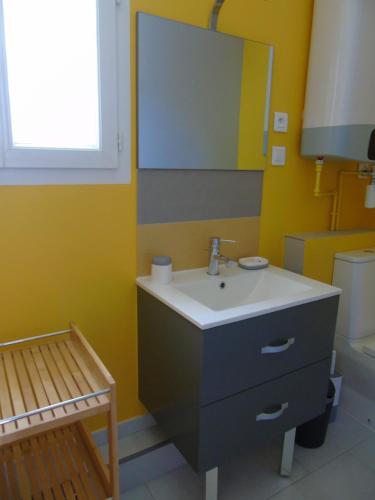 une salle de bain avec un lavabo et un miroir dans l'établissement Chez Marie et Gégé, à Puyréaux