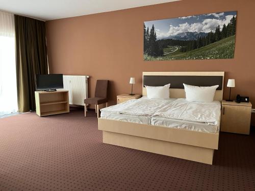 ディポルディスヴァルトにあるHotel Am Heideparkのベッドとテレビが備わるホテルルームです。