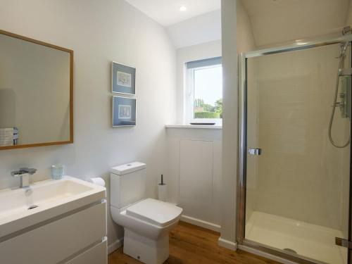 uma casa de banho com um WC, um lavatório e um chuveiro em The Stables em Birdham