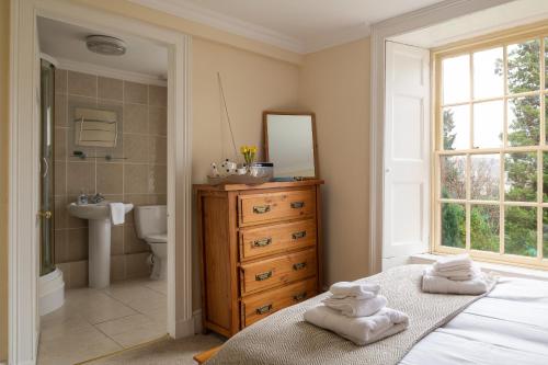 Schlafzimmer mit einem Bett, einem Waschbecken und einem Spiegel in der Unterkunft Finest Retreats - Bryn Seion in Llanrwst