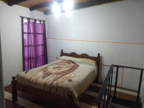 Cama en habitación con ventana púrpura en Duplex San Rafael Mendoza en San Rafael
