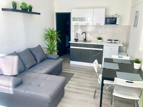 a living room with a couch and a table and a kitchen at City Apartment in Štúrovo