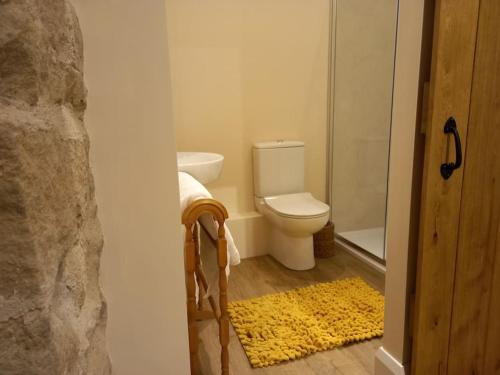 a bathroom with a toilet and a shower and a yellow rug at Henry's Cottage in Skipton