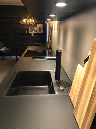 a kitchen with a sink and a counter top at Cozy Villa Close To Lake And Wintersport in Mörsil