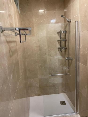 a shower stall with a glass door and a shower at PETIT SAGASTA Apartamentos-Sagasta in Seville